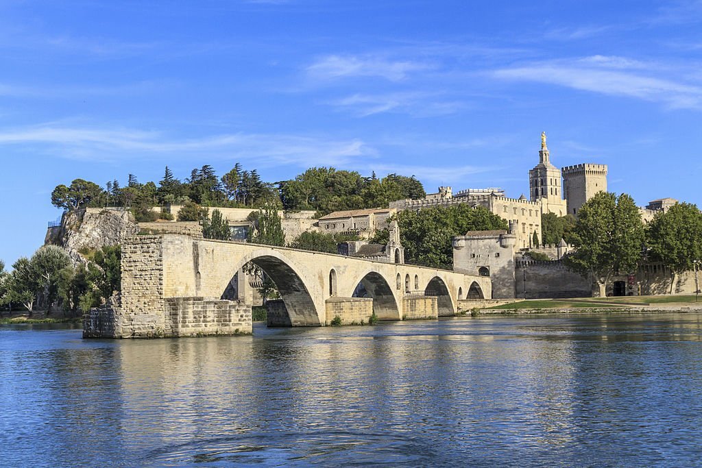 "Avignon Bridge with Popes Palace, Pont Saint-Benezet, Provence, France"